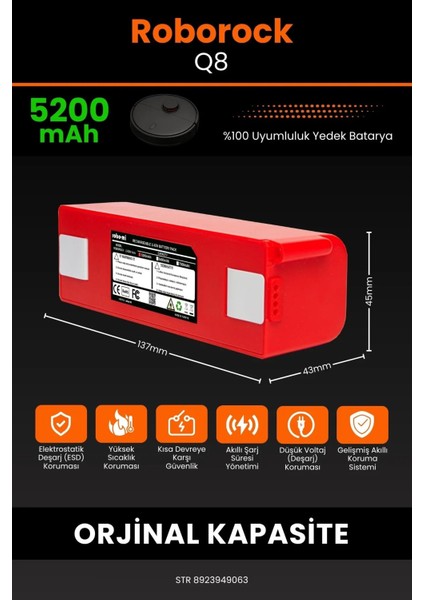 Roborock Q8 5200MAH Robot Süpürge Bataryası - Yüksek Yoğunluklu Li-Ion Hücre