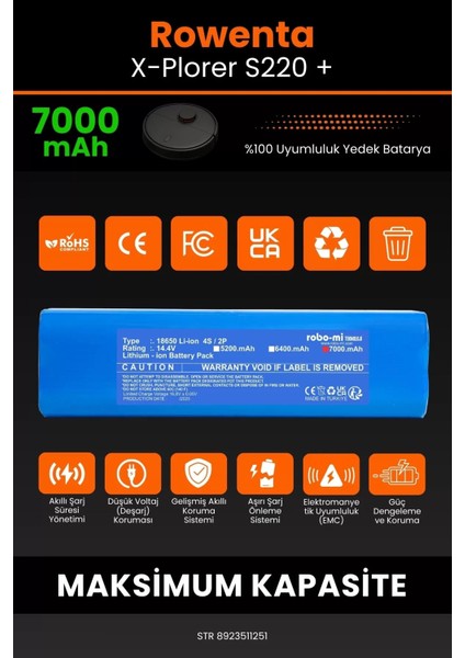 Rowenta X-Plorer S220 + 7000MAH Robot Süpürge Bataryası - Yüksek Yoğunluklu Li-Ion Hücre modelleri