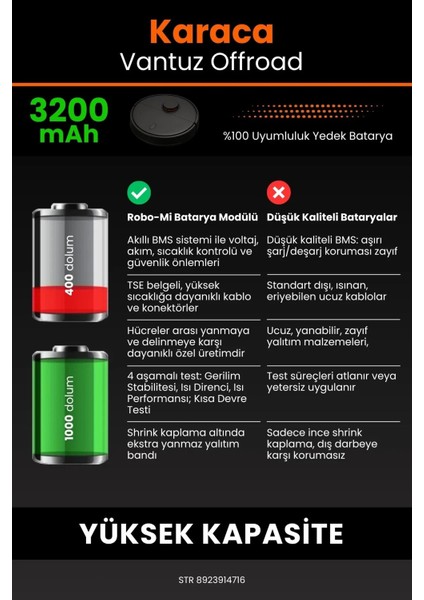 Karaca Vantuz Offroad 3200MAH Robot Süpürge Bataryası - Gerçek Kapasite, Maksimum Güvenlik
