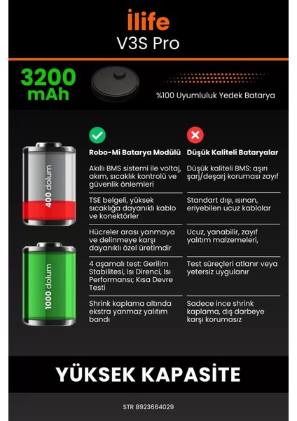 Ilife V3S Pro 3200MAH Robot Süpürge Bataryası - Koruma Katmanlı Batarya Teknolojisi