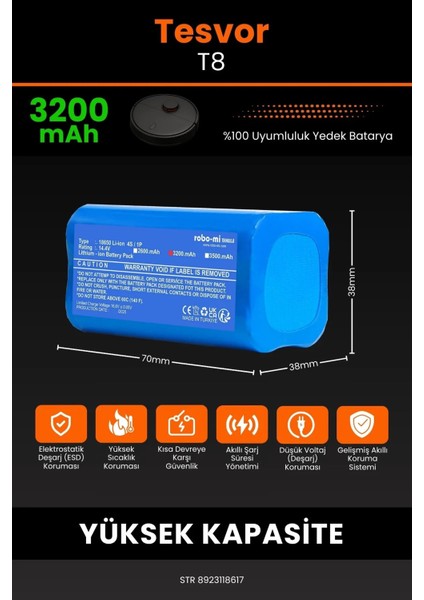 Tesvor T8 3200MAH Robot Süpürge Bataryası - Sertifikalı Güvenlik, Gerçek Kapasite fiyatları
