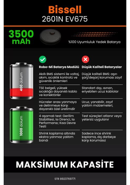 Bissell 2601N EV675 3500MAH Robot Süpürge Bataryası - Gerçek Kapasite, Maksimum Güvenlik