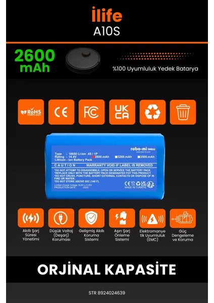Ilife A10S 2600MAH Robot Süpürge Bataryası - Yüksek Yoğunluklu Li-Ion Hücre modelleri