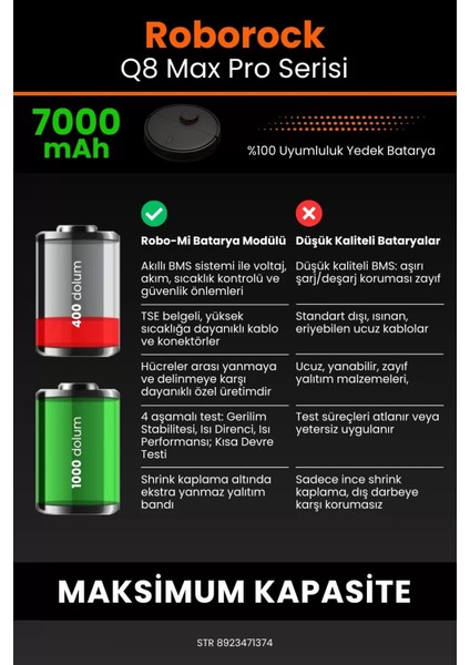 Roborock Q8 Max Pro Serisi 7000MAH Robot Süpürge Bataryası - Yüksek Yoğunluklu Li-Ion Hücre