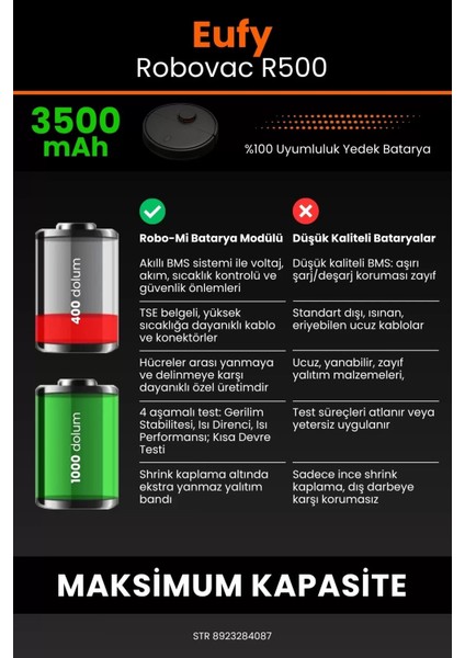 Eufy Robovac R500 3500MAH Robot Süpürge Bataryası - Koruma Katmanlı Batarya Teknolojisi