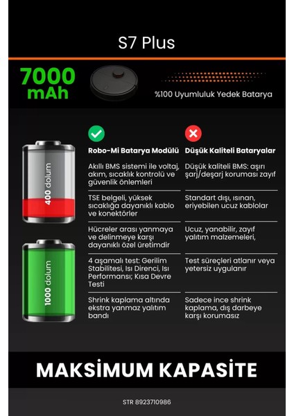 S7 Plus 7000MAH Robot Süpürge Bataryası - Yüksek Yoğunluklu Li-Ion Hücre