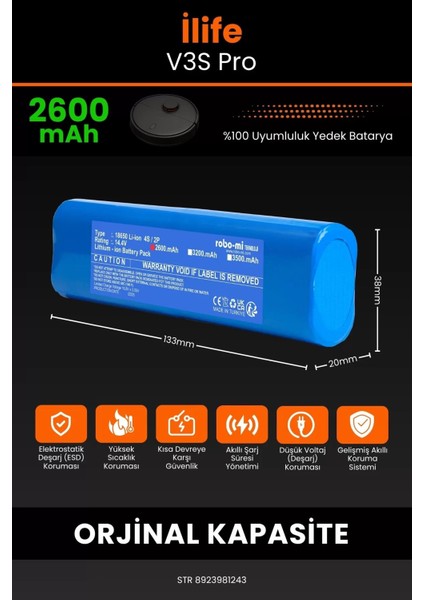 Ilife V3S Pro 2600MAH Robot Süpürge Bataryası - Sertifikalı Güvenlik, Gerçek Kapasite