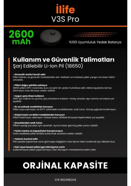 Ilife V3S Pro 2600MAH Robot Süpürge Bataryası - Sertifikalı Güvenlik, Gerçek Kapasite