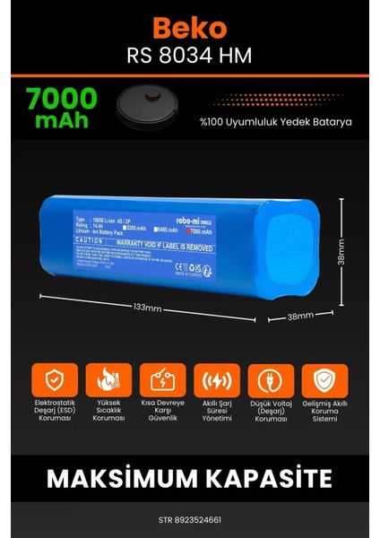 Beko Rs 8034 Hm 7000MAH Robot Süpürge Bataryası - Yüksek Yoğunluklu Li-Ion Hücre fiyatları