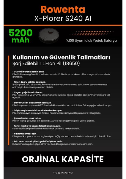 Rowenta X-Plorer S240 Aı 5200MAH Robot Süpürge Bataryası - Sertifikalı Güvenlik, Gerçek Kapasite