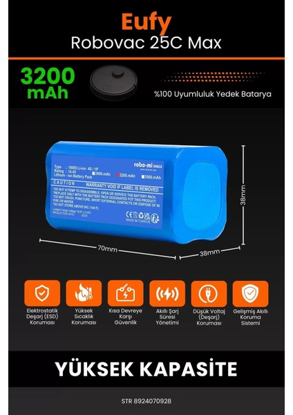 Eufy Robovac 25C Max 3200MAH Robot Süpürge Bataryası - Sertifikalı Güvenlik, Gerçek Kapasite fiyatları