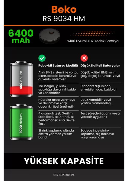 Beko Rs 9034 Hm 6400MAH Robot Süpürge Bataryası - Yüksek Yoğunluklu Li-Ion Hücre