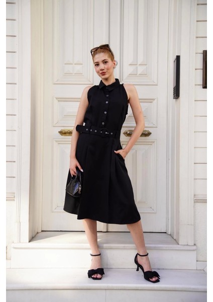 Gömlek Yaka Kemerli Elbise Siyah S255061 fiyatları