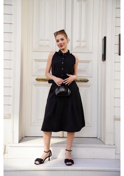 Gömlek Yaka Kemerli Elbise Siyah S255061 modelleri