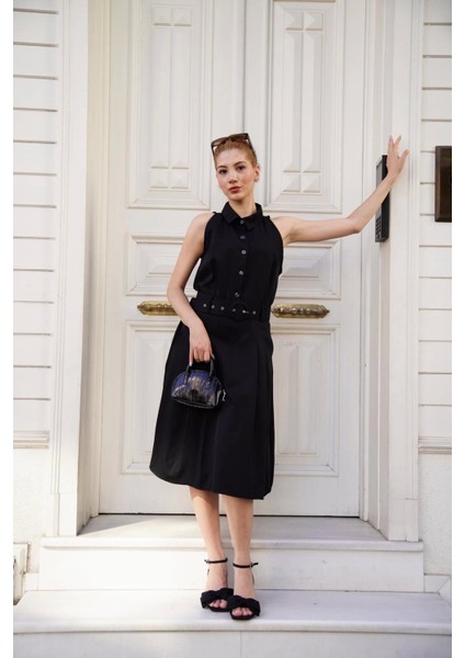 Gömlek Yaka Kemerli Elbise Siyah S255061 fırsatları