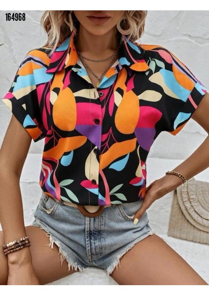 Kadın Moss Krep Kumaş Kısa Kol Çiçek Desenli Gömlek