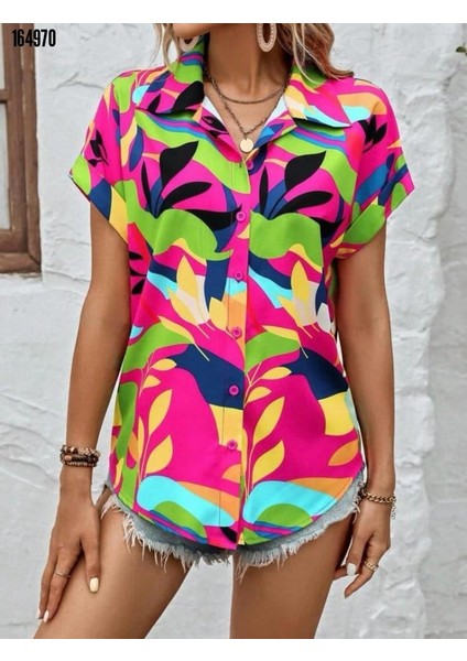 Kadın Moss Krep Kumaş Kısa Kol Çiçek Desenli Gömlek