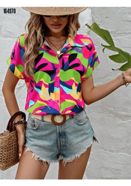 Kadın Moss Krep Kumaş Kısa Kol Çiçek Desenli Gömlek fiyatları