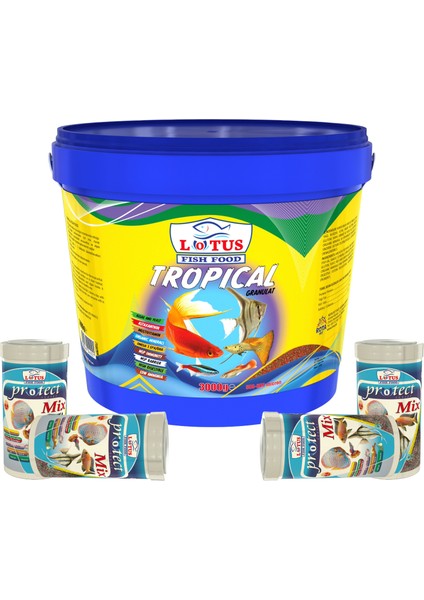 Tropikal Mix 3kg Kova, 4X100ML Protect Mix Kutu Lepistes Melek Moli Canlı Doğuran Akvaryum Balık Yemi