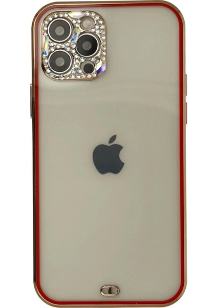 Newface iPhone 12 Pro Max Kılıf Liva Taşlı Silikon - Kırmızı