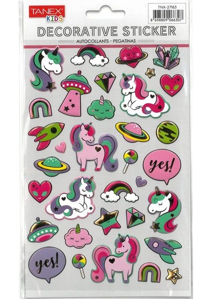 Tanex Kıds TNX-27163 Dekoratif Etiketler - Puffy Uzaylı Unıcorn Serisi Stıcker - Tekli