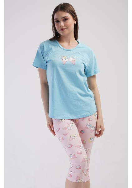 Pamuklu Kadın Kısa Kol Kaprili Pijama Takım , 408347
