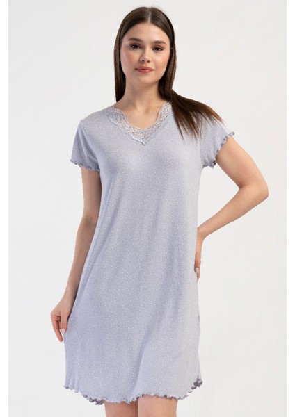Kadın Vıscon Büyük Beden V Yaka Dantelli Kısa Kol Gecelik , 409302