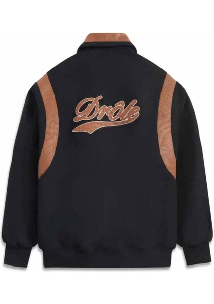 Şık Le Bomber Drôle Siyah Yün Karışım Bomber Ceket - %75 Yün ve %100 Inek Derisi