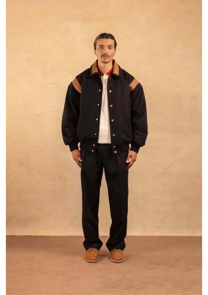 Şık Le Bomber Drôle Siyah Yün Karışım Bomber Ceket - %75 Yün ve %100 Inek Derisi fiyatları