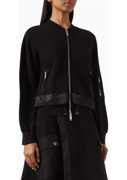 Siyah Örgü Bomber Ceket Saten Detaylı, Ayarlanabilir Bel, Modern Tasarım