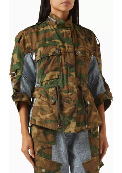 Patchwork Kamuflaj Denim Ceket Rahat Kesim, Bel Büzgülü, Oversize Cepli