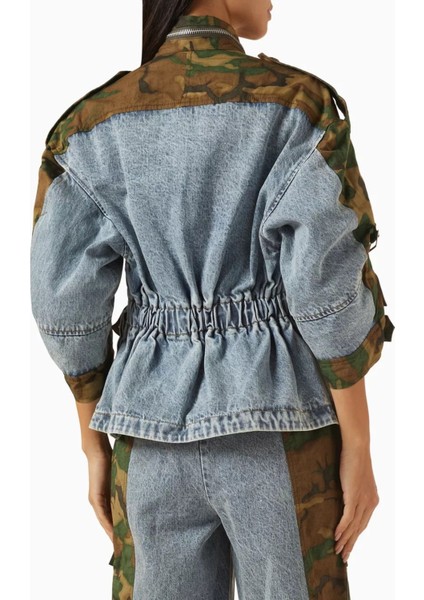 Patchwork Kamuflaj Denim Ceket Rahat Kesim, Bel Büzgülü, Oversize Cepli