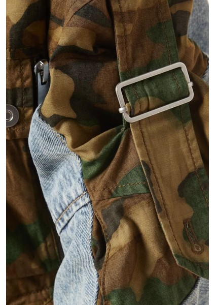 Patchwork Kamuflaj Denim Ceket Rahat Kesim, Bel Büzgülü, Oversize Cepli