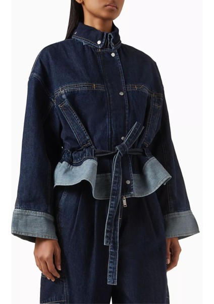 Kemerli Boxy Denim Ceket Lacivert, Peplum Detaylı, Oversize Kesim