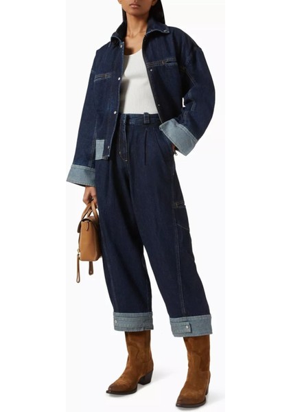 Kemerli Boxy Denim Ceket Lacivert, Peplum Detaylı, Oversize Kesim fiyatları