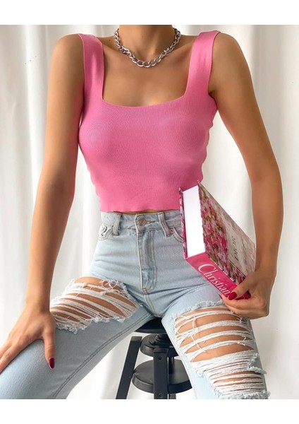 Kare Yaka Ince Crop Triko Trend Bluz