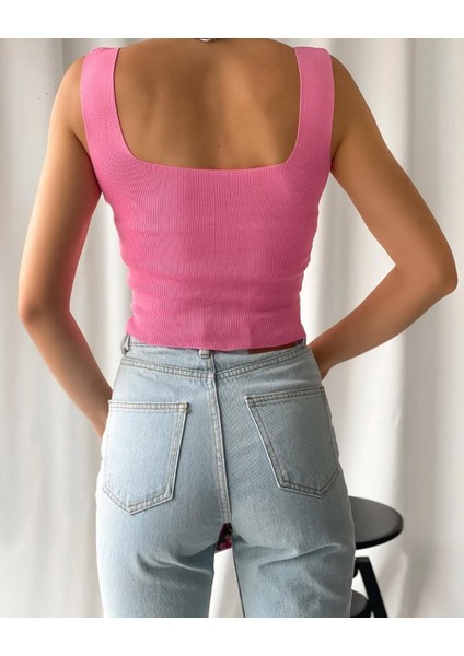 Kare Yaka Ince Crop Triko Trend Bluz