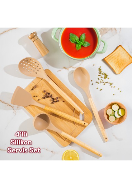 3167 Bambu Silikon 4 Parça Servis Takımı Seti Cappuccino