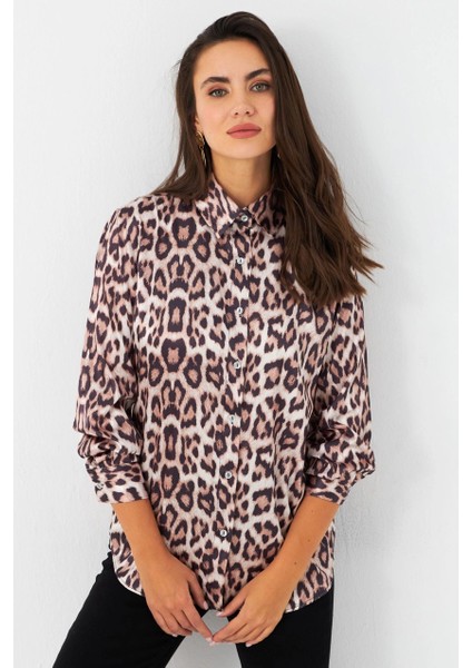 Kadın Camel-Siyah Leopar Desenli Saten Gömlek MRAD5901-1 fiyatları