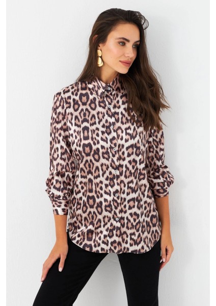 Kadın Camel-Siyah Leopar Desenli Saten Gömlek MRAD5901-1 modelleri
