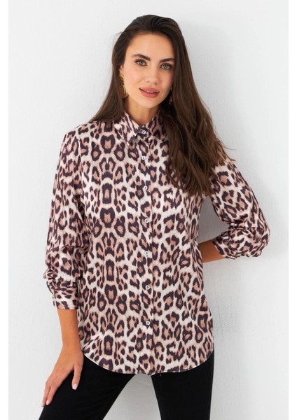 Kadın Camel-Siyah Leopar Desenli Saten Gömlek MRAD5901-1 fırsatları