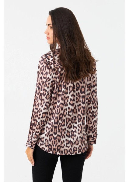 Kadın Camel-Siyah Leopar Desenli Saten Gömlek MRAD5901-1 indirimleri
