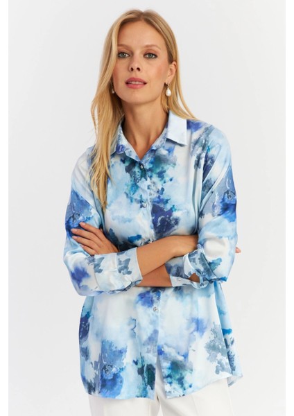 Kadın Mavi Taş Düğmeli Desenli Gömlek Mlvf9