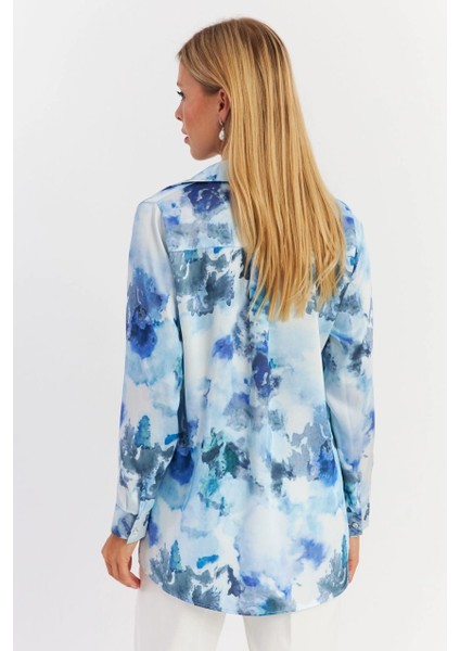 Kadın Mavi Taş Düğmeli Desenli Gömlek Mlvf9 fiyatları