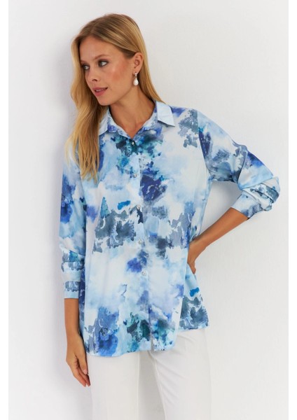 Kadın Mavi Taş Düğmeli Desenli Gömlek Mlvf9 modelleri