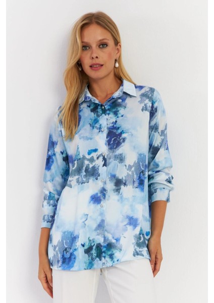 Kadın Mavi Taş Düğmeli Desenli Gömlek Mlvf9 fırsatları