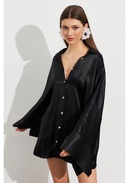 Kadın Siyah Oversize Gömlek ROP106