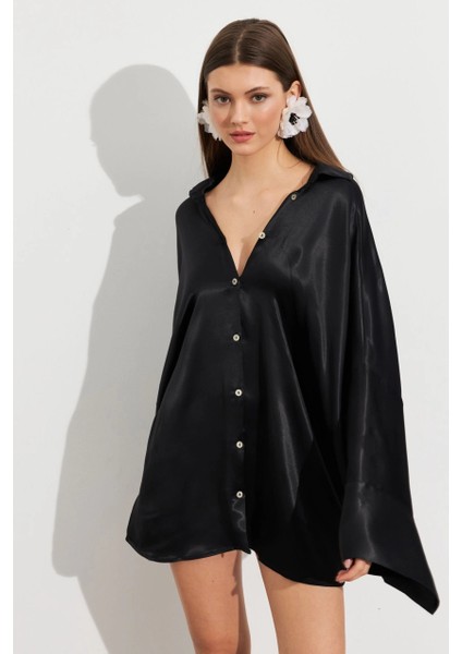 Kadın Siyah Oversize Gömlek ROP106 modelleri