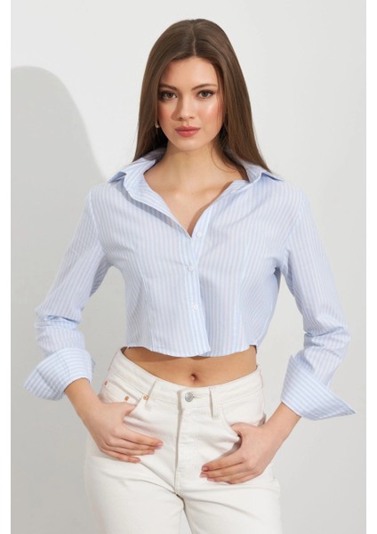 Kadın Ekru-Mavi Çizgili Crop Gömlek MPC305 modelleri