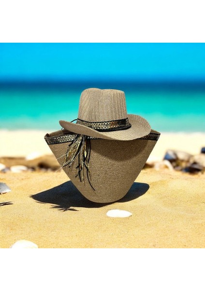 Hasır Çanta, Plaj Çantası ve Şapka 2'li Takım, El Emeği Plaj Çantası ve Plaj Şapkası, Siyah Gold Şeritli